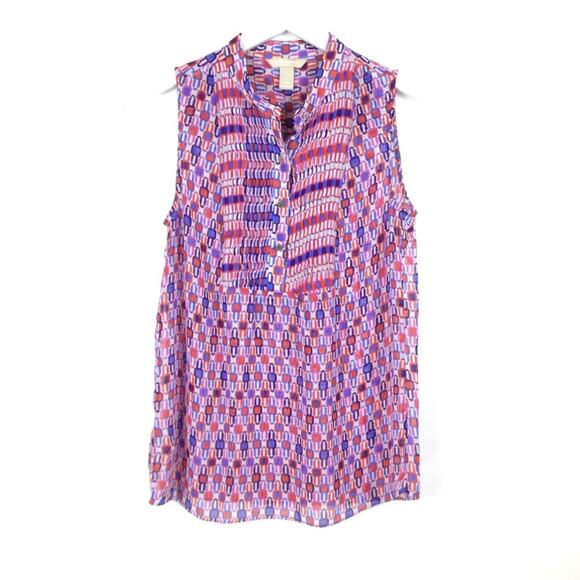 Banana Republic Bright Geometric Sheer Sleeveless Pintuck Blouse S - Picture 1 of 4